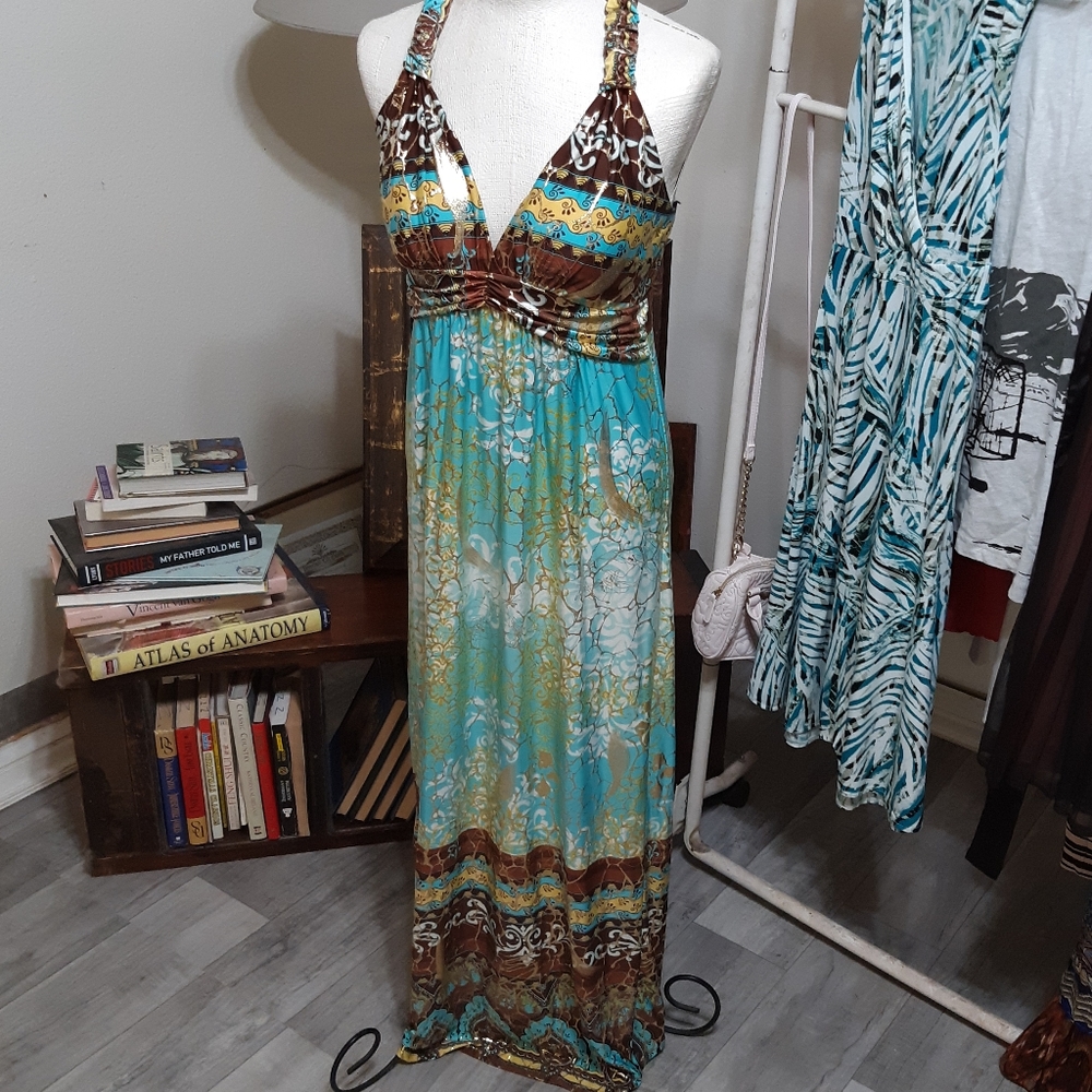 Long Womens dress Gown Sz Small Medium Padded Marilyn Top Shimmer Metallics